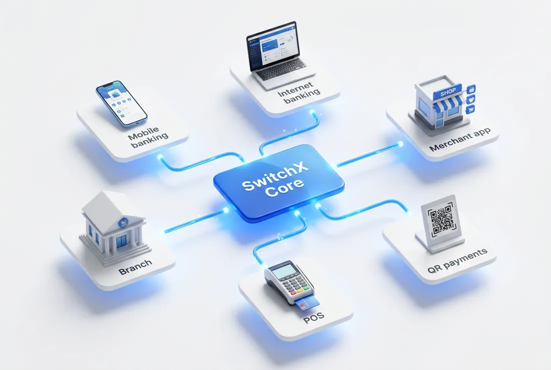 Mobile, internet banking, merchant, QR, POS and branch channels connected to SwitchX
